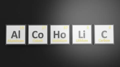 Periodic table of elements symbols used to form word Alcoholic, isolated on b Stock Illustration