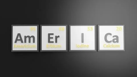 Periodic table of elements symbols used to form word America, isolated on bla Illustrazione stock