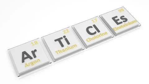 Periodic table of elements symbols used to form word Articles, isolated on wh Illustrazione stock