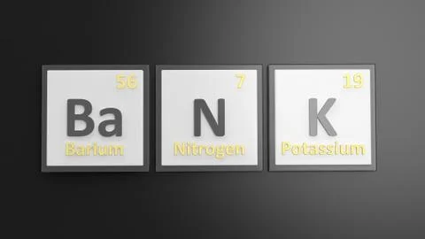 Periodic table of elements symbols used to form word Bank, isolated on black 스톡 일러스트