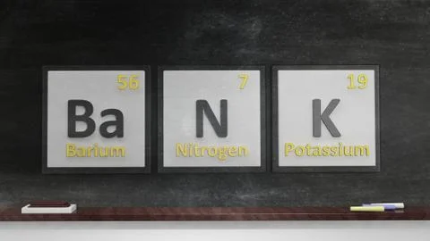 Periodic table of elements symbols used to form word Bank, on blackboard Stock Illustration