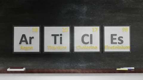 Periodic table of elements symbols used to form word Articles, on blackboard Stock Illustration