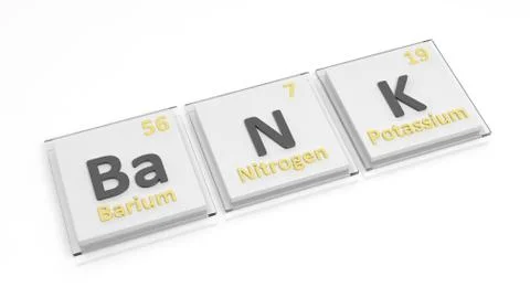 Periodic table of elements symbols used to form word Bank, isolated on white. Stock Illustration