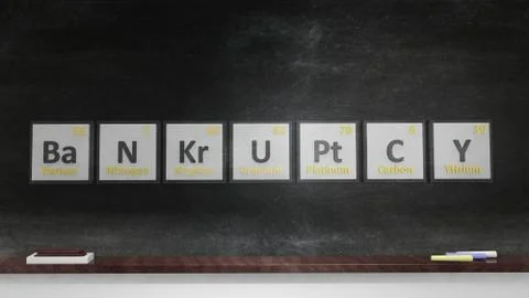 Periodic table of elements symbols used to form word Bankruptcy, on blackboar Stock Illustration