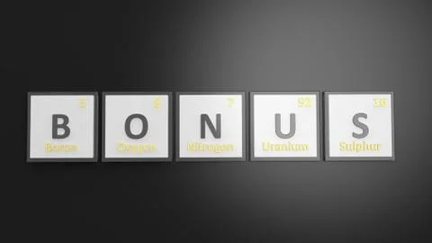 Periodic table of elements symbols used to form word Bonus, isolated on black Illustrazione stock