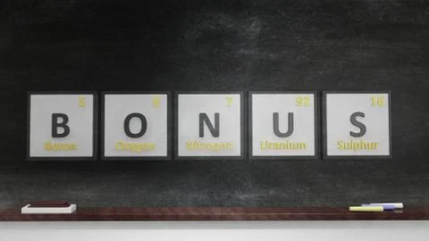 Periodic table of elements symbols used to form word Bonus, on blackboard Stock Illustration