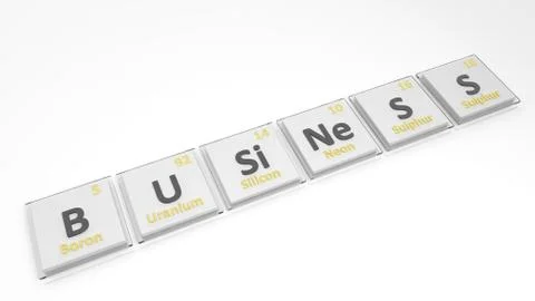 Periodic table of elements symbols used to form word Business, isolated on wh Illustrazione stock