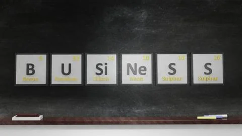 Periodic table of elements symbols used to form word Business, on blackboard Stock Illustration