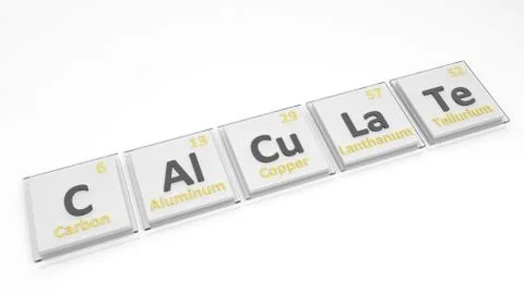 Periodic table of elements symbols used to form word Calculate, isolated on w Illustrazione stock