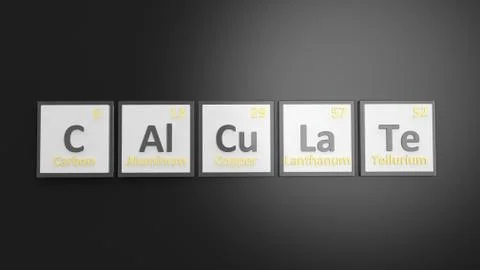 Periodic table of elements symbols used to form word Calculate, isolated on b Stock Illustration