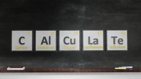 Periodic table of elements symbols used to form word Calculate, on blackboard Stock Illustration