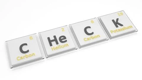 Periodic table of elements symbols used to form word Check, isolated on white Stock Illustration