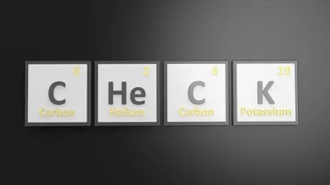 Periodic table of elements symbols used to form word Check, isolated on black Illustrazione stock