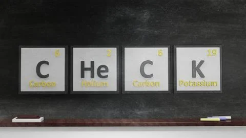 Periodic table of elements symbols used to form word Check, on blackboard Stock Illustration
