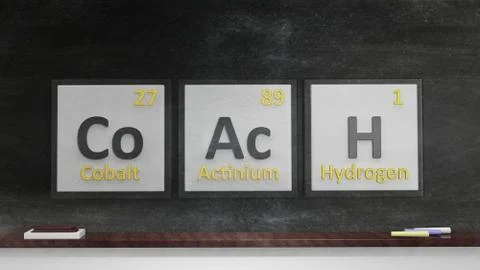 Periodic table of elements symbols used to form word Coach, on blackboard Illustrazione stock