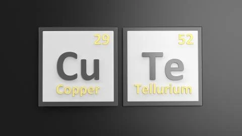 Periodic table of elements symbols used to form word Cute, isolated on black Stock Illustration