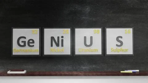 Periodic table of elements symbols used to form word Genius, on blackboard Stock Illustration