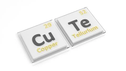 Periodic table of elements symbols used to form word Cute, isolated on white. Stock Illustration