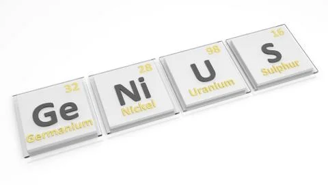 Periodic table of elements symbols used to form word Genius, isolated on whit Stock Illustration