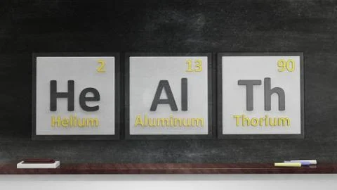 Periodic table of elements symbols used to form word Health, on blackboard Stock Illustration