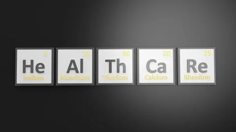 Periodic table of elements symbols used to form word Healthcare, isolated on  Illustrazione stock