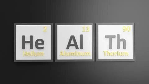 Periodic table of elements symbols used to form word Health, isolated on blac Illustrazione stock