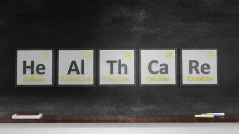 Periodic table of elements symbols used to form word Healthcare, on blackboar Stock Illustration