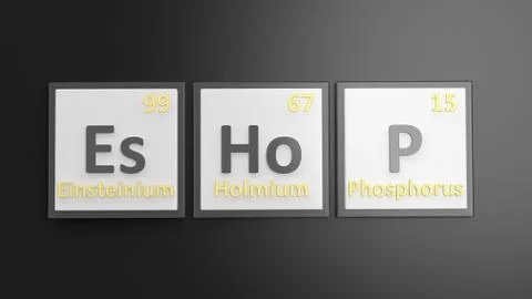 Periodic table of elements symbols used to form word Eshop, isolated on black Illustrazione stock