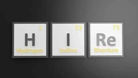 Periodic table of elements symbols used to form word Hire, isolated on black Stock Illustration