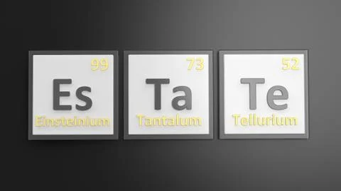 Periodic table of elements symbols used to form word Estate, isolated on blac Stock Illustration