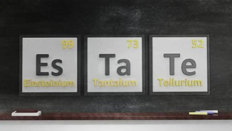 Periodic table of elements symbols used to form word Estate, on blackboard Stock Illustration