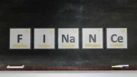 Periodic table of elements symbols used to form word Finance, on blackboard Stock Illustration