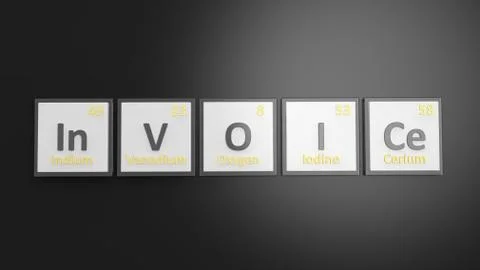 Periodic table of elements symbols used to form word Invoice, isolated on bla Illustrazione stock