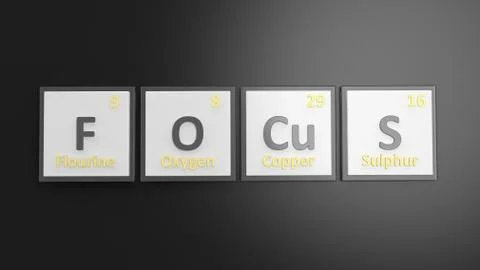Periodic table of elements symbols used to form word Focus, isolated on black Stock Illustration