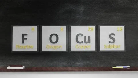 Periodic table of elements symbols used to form word Focus, on blackboard イラスト素材