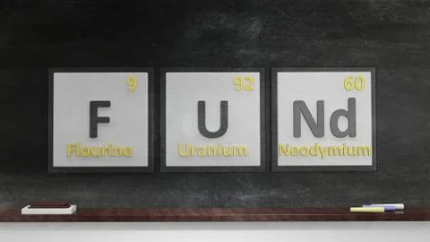 Periodic table of elements symbols used to form word Fund, on blackboard Stock Illustration