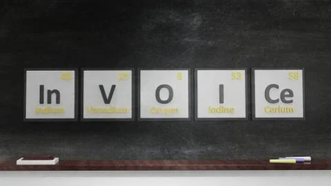 Periodic table of elements symbols used to form word Invoice, on blackboard Stock Illustration