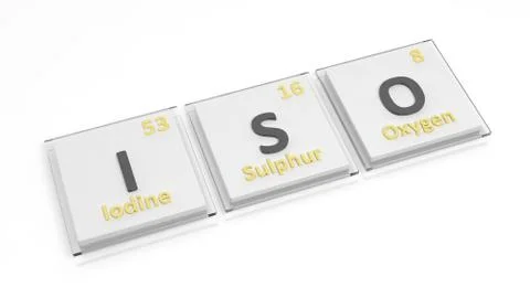 Periodic table of elements symbols used to form word Iso, isolated on white. Stock Illustration