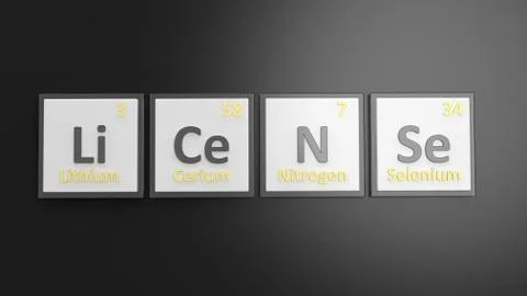 Periodic table of elements symbols used to form word License, isolated on bla Stock Illustration