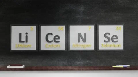 Periodic table of elements symbols used to form word License, on blackboard Stock Illustration