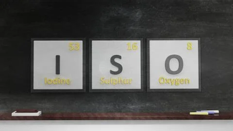 Periodic table of elements symbols used to form word Iso, on blackboard Stock Illustration
