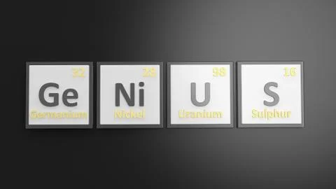 Periodic table of elements symbols used to form word Genius, isolated on blac 스톡 일러스트