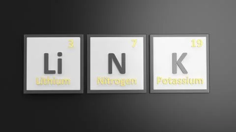 Periodic table of elements symbols used to form word Link, isolated on black Stock Illustration