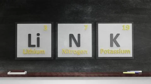 Periodic table of elements symbols used to form word Link, on blackboard 스톡 일러스트