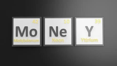 Periodic table of elements symbols used to form word Money, isolated on black Stock Illustration