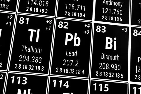 Periodic table of the elements: Thallium, Lead, Bismuth Stockfoto's