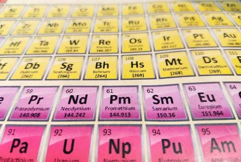 Periodic table of elements in yellow and pink colour. 스톡 사진