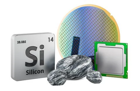 Periodic table silicon element symbol, raw silicon stones, blue silicon waf.. Stock Illustration