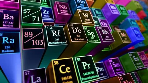 Periodicacle table of elements. Mendeleev`s table fragment. Metal material. Stock Illustration