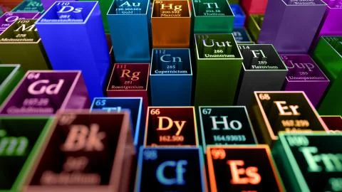 Periodicacle table of elements. Mendeleev`s table fragment. Metal material. Stock Illustration